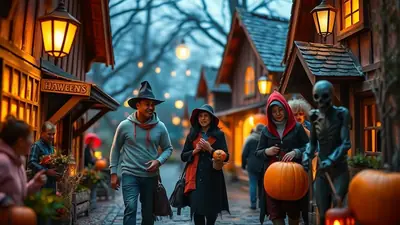 A group of people in Halloween costumes walk down a cobblestone street lined with quaint, dimly lit shops, carrying pumpkins and enjoying the festive atmosphere.