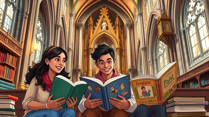 Two young people, a girl with dark wavy hair and a boy with dark hair, are sitting in a grand library with high arched ceilings and stained glass windows, engrossed in reading books. The girl on the left is wearing a red scarf and holding a green book, while the boy in the center is smiling and reading a blue book with illustrations. To the right, another book is open, and a stack of books rests nearby. The atmosphere is one of quiet study and shared enjoyment of literature.