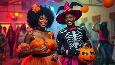 A smiling Black couple dressed in Halloween costumes at a party. The woman wears an orange witch-like dress with fluffy trim and a flower in her hair, while the man is dressed as a skeleton with a witch hat and holds a jack-o'-lantern bucket. Other partygoers are visible in the blurred background.