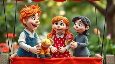 Three cartoon children and a stuffed dog are in a red basket, possibly a hot air balloon, with a blurred green outdoor background.