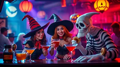 Two women dressed as witches and a skeleton are at a bar, holding drinks and smiling. The bar is decorated for Halloween with pumpkins and lanterns, creating a festive and spooky atmosphere.
