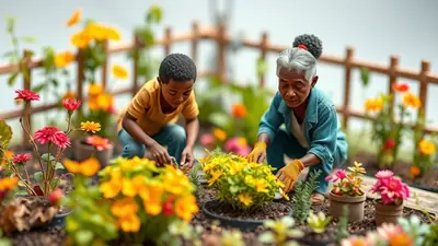 An elderly woman and a young boy are kneeling and gardening together among colorful flowers in pots and in the ground, with a wooden fence in the background.