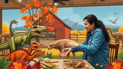 A woman in a blue denim jacket is sitting at a table with a tray of food, interacting with several dinosaurs in a farm-like setting with autumn foliage and a red barn in the background.