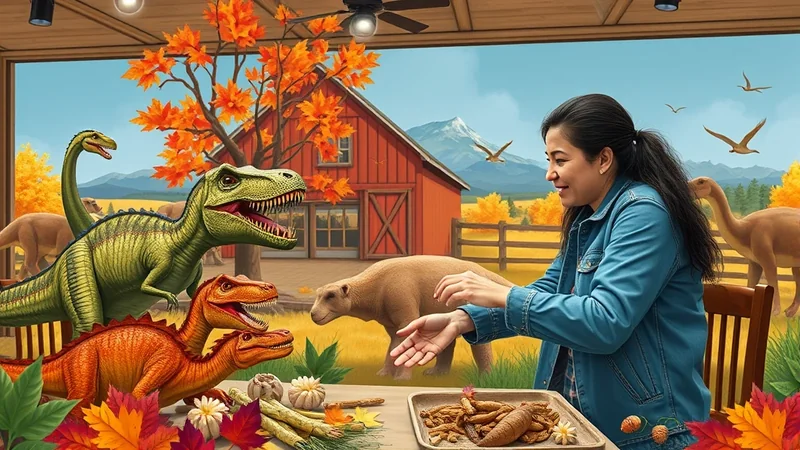 A woman in a blue denim jacket is sitting at a table with a tray of food, interacting with several dinosaurs in a farm-like setting with autumn foliage and a red barn in the background.