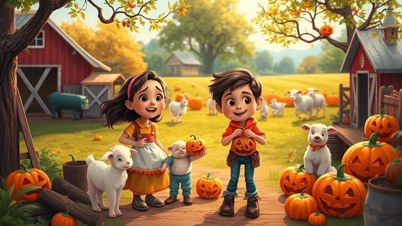 A group of cartoon children and lambs are on a farm with pumpkins and barns, celebrating Halloween.