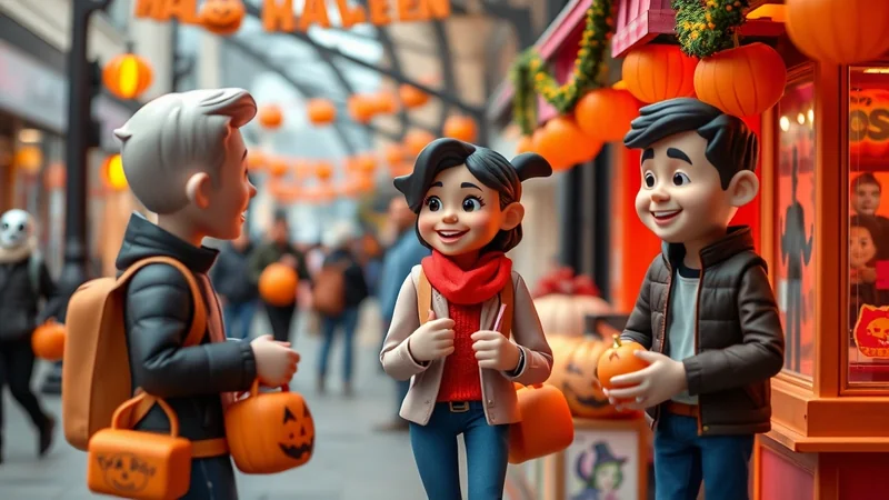 Three cartoon children dressed for Halloween are standing on a street decorated with pumpkins and Halloween banners. The child on the left holds a pumpkin-shaped candy bucket, the child in the middle holds a straw, and the child on the right holds a small pumpkin.