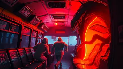 Two people in hoodies are running away from a monstrous, glowing red creature inside a dimly lit bus. The creature appears to be made of fiery tendrils and has a menacing, dragon-like head. The bus interior is illuminated by the creature's intense red and orange glow, casting long shadows and creating a terrifying atmosphere.