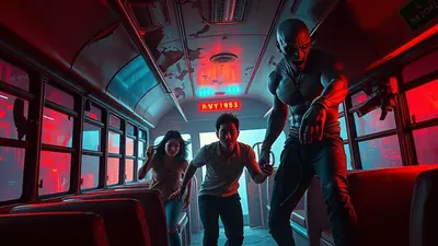 A terrifying monster with glowing red eyes and sharp teeth lunges at two terrified people inside a dimly lit bus, illuminated by eerie red and blue lights.