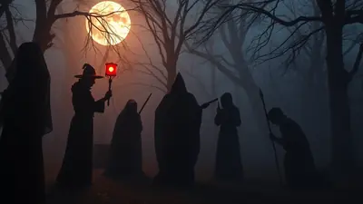 A group of figures in dark hooded robes stand in a foggy forest under a large, glowing full moon. One figure wears a witch's hat and holds a red lantern, while others carry staffs or weapons, creating a mysterious and eerie atmosphere.