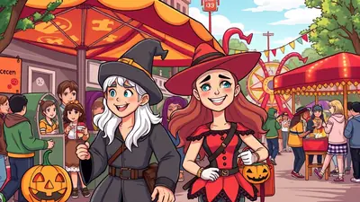 Two young women dressed as witches, one with white hair and a black hat, the other with red hair and a red hat, are smiling and walking through a lively Halloween carnival. In the background, there are carnival rides, food stalls, and other people enjoying the festivities.
