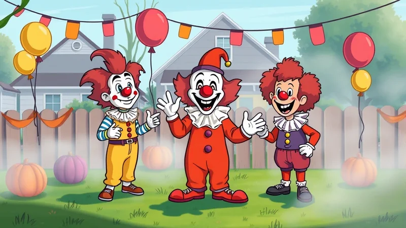Three cartoon clowns stand in a backyard decorated for Halloween with pumpkins and balloons. The clown in the center wears a red jumpsuit and a tall hat, while the clowns on either side wear yellow and purple outfits respectively. They all have red noses, white face paint, and ruffled collars.