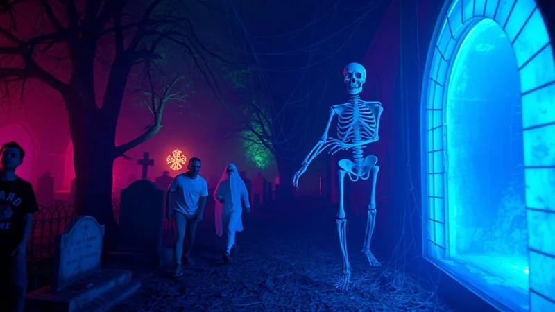 A group of people walk through a spooky graveyard at night, illuminated by eerie blue and pink lights. A large skeleton stands near a glowing blue doorway, and cobwebs hang from the trees.