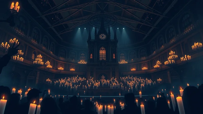 A large, dimly lit hall filled with people holding candles, with a grand clock tower in the background, creating a mysterious and solemn atmosphere.
