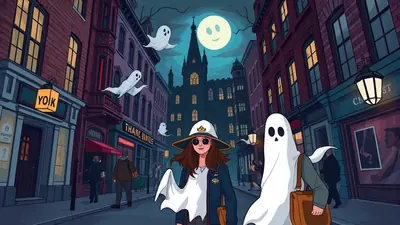 A group of people in Halloween costumes, including ghosts and a person dressed as a detective, walk down a cobblestone street at night under a full moon. The buildings are old and brick, with glowing windows, and several cartoonish ghosts float in the air.