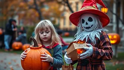 A young girl with blonde hair holds a large pumpkin, while standing next to a person in a scarecrow costume with a pumpkin mask and a red hat, both are holding bags for trick-or-treating.