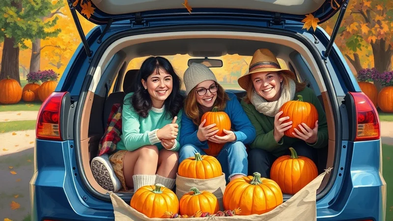Three smiling women are sitting in the back of a blue SUV, surrounded by pumpkins and autumn foliage. They are all holding pumpkins and appear to be enjoying a fall outing.