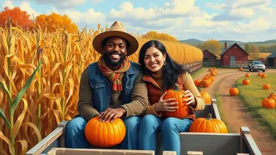 A smiling Black man wearing a hat and a woman wearing a vest sit in a wagon filled with pumpkins, surrounded by a cornfield and a pumpkin patch on a sunny autumn day.