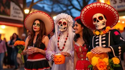 Four people in Day of the Dead costumes, including skull makeup and traditional Mexican attire, are celebrating outdoors at dusk, holding flowers and a pumpkin-shaped candy bucket.