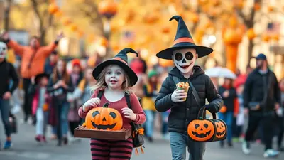 Two children in Halloween costumes, a girl dressed as a witch and a boy with skeleton face paint, walk down a street decorated with pumpkins and fall foliage.