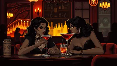 Two women with dark hair and dramatic makeup sit at a dimly lit bar, each holding a martini glass with red liquid. The woman on the left wears a tuxedo-style shirt with a bow tie, while the woman on the right wears a black lace top. Behind them, bottles line shelves in the background, and other patrons are silhouetted at the bar.