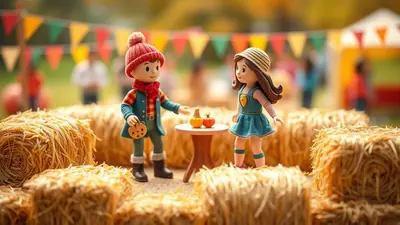 Two toy figures, a boy and a girl, stand among hay bales at an outdoor autumn festival. The boy, wearing a red hat and scarf, offers a pumpkin-shaped cookie to the girl, who is dressed in a blue dress and straw hat. A small table between them holds two miniature pumpkins. Colorful pennant banners hang in the blurred background, suggesting a festive atmosphere.