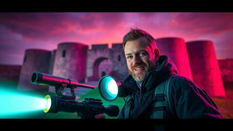 A man with a beard smiles at the camera, holding a futuristic device with bright lights, in front of a castle-like structure at dusk with dramatic pink and purple lighting.