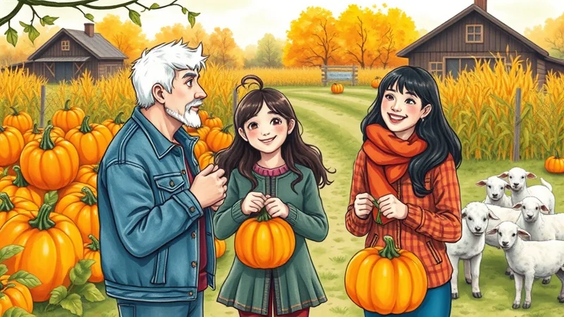 A grandfather, his granddaughter, and another young girl are standing in a pumpkin patch on a sunny autumn day. The grandfather is on the left, wearing a denim jacket. The younger girl in the middle is holding a pumpkin, and the other girl on the right is wearing an orange scarf and holding a pumpkin stem. Several sheep are visible in the background, along with corn stalks and a rustic barn.