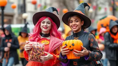 Two young women dressed as witches for Halloween, smiling and holding candy and a pumpkin bucket, with other costumed people in the background.