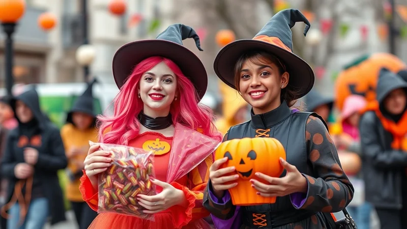 Two young women dressed as witches for Halloween, smiling and holding candy and a pumpkin bucket, with other costumed people in the background.