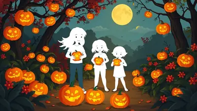 Three silhouetted figures, two children and one adult, stand in a spooky forest clearing filled with glowing jack-o'-lanterns and autumn leaves under a full moon.