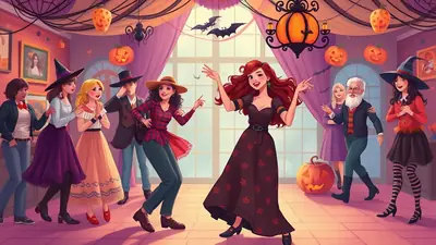 A group of people in Halloween costumes are dancing and celebrating in a room decorated with pumpkins, bats, and cobwebs. The mood is festive and cheerful.