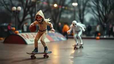 Two figures in Halloween costumes, one dressed as a skeleton with glowing red eyes holding a basketball and riding a skateboard, the other dressed as a ghost also on a skateboard, are in a skate park with blurred figures and pumpkins in the background.