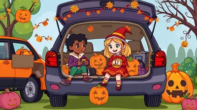 Two children, one dressed as a witch and the other in casual clothes, sit in the open trunk of a car decorated with Halloween lights and pumpkins, surrounded by more pumpkins and autumn decorations.