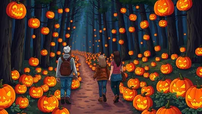 Three people walk down a forest path lined with glowing jack-o'-lanterns on Halloween night. The path curves into the distance, with more pumpkins illuminating the trees and ground, creating a festive and slightly spooky atmosphere.