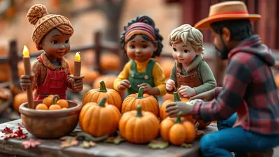 A group of four stylized figures, resembling dolls, are gathered around a table laden with pumpkins. Two children hold lit candles, while another child and an adult figure in a hat and plaid shirt interact with the pumpkins, set against a blurred autumnal background.