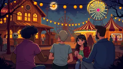 A group of friends enjoy a spooky Halloween carnival at night, with a Ferris wheel and carnival rides illuminated by orange lights and a full moon.