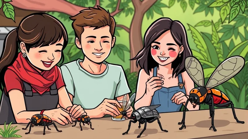 Three young people, two women and one man, are gathered around a table outdoors, looking with interest at several large, stylized insects placed on the table. The mood appears curious and engaged, possibly for a science lesson or a playful Halloween activity.