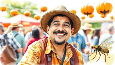 A smiling man wearing a straw hat and a plaid shirt with suspenders stands in front of a crowd at an outdoor festival, with pumpkins hanging in the background. A large insect is visible in the lower right corner of the image.
