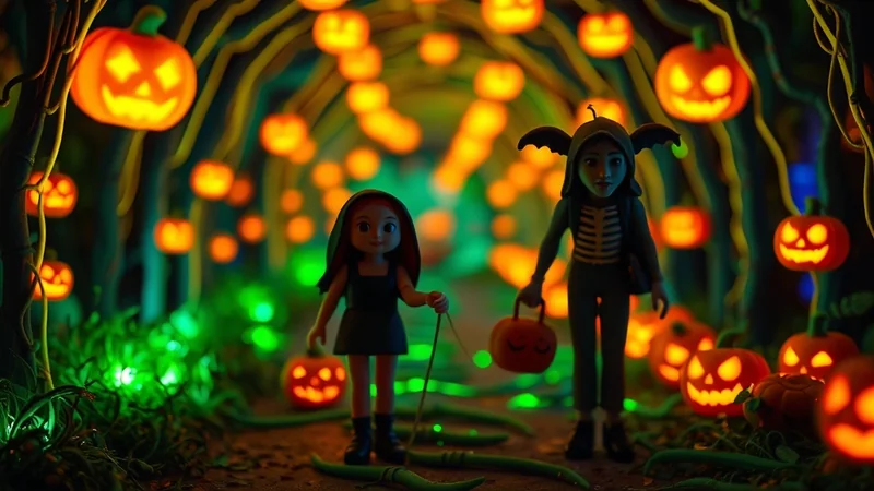 Two children in Halloween costumes walk through a dimly lit path lined with glowing jack-o'-lanterns and green lights, creating a festive and slightly spooky atmosphere.
