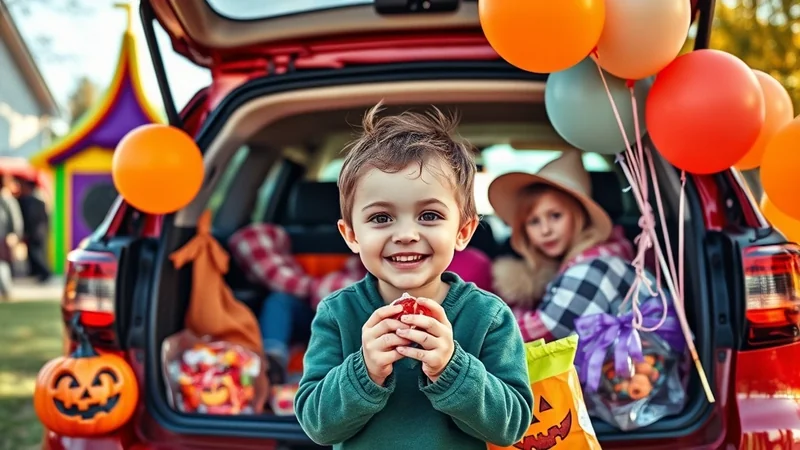 A smiling young boy in a green sweater holds a red candy in his hands, standing in front of an open car trunk filled with Halloween decorations and candy. Another child wearing a hat and plaid shirt is visible in the background, along with colorful balloons and pumpkins.