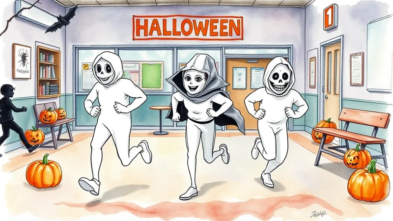 Three children in ghost costumes run down a school hallway decorated for Halloween with pumpkins and a bat hanging from the ceiling. A sign overhead reads "HALLOWEEN".