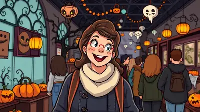 A woman with glasses and a scarf smiles broadly while standing in a museum decorated for Halloween, with pumpkins and spooky decorations visible.