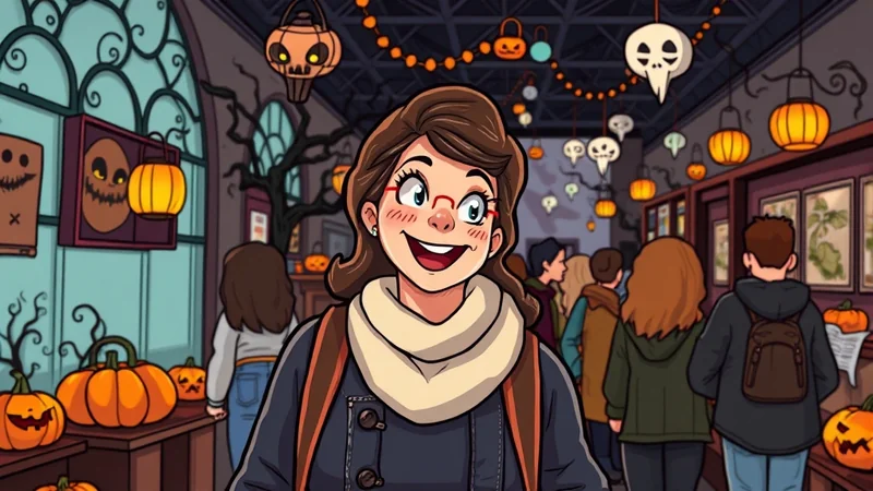 A woman with glasses and a scarf smiles broadly while standing in a museum decorated for Halloween, with pumpkins and spooky decorations visible.