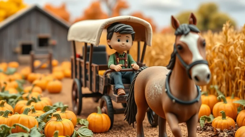 A toy boy sits in a horse-drawn wagon in a pumpkin patch with a barn and corn stalks in the background.