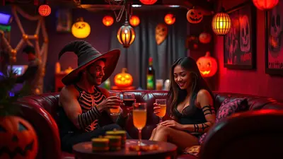 A man in a skeleton costume and witch hat and a woman in a black outfit are sitting on a couch, holding drinks and smiling at each other in a dimly lit room decorated for Halloween with pumpkins and spooky lights.