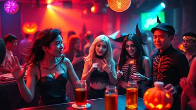 A group of young adults in Halloween costumes are at a bar, with drinks and a jack-o-lantern on the counter, under colorful party lights.