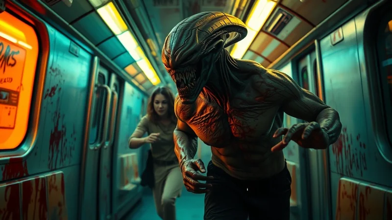 A terrifying alien creature with sharp teeth and glowing eyes lunges forward in a subway car, while a frightened woman runs away from it. The subway car is dimly lit with flickering lights and has blood splatters on the walls and windows, creating a horror movie atmosphere.