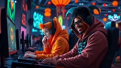 Two people in orange hoodies with animal ears and horns are playing video games in a dimly lit cyber cafe with neon signs and Halloween decorations.