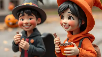 Two cartoon children in Halloween costumes, a boy dressed as a witch and a girl dressed as a pumpkin, are smiling and holding candy.