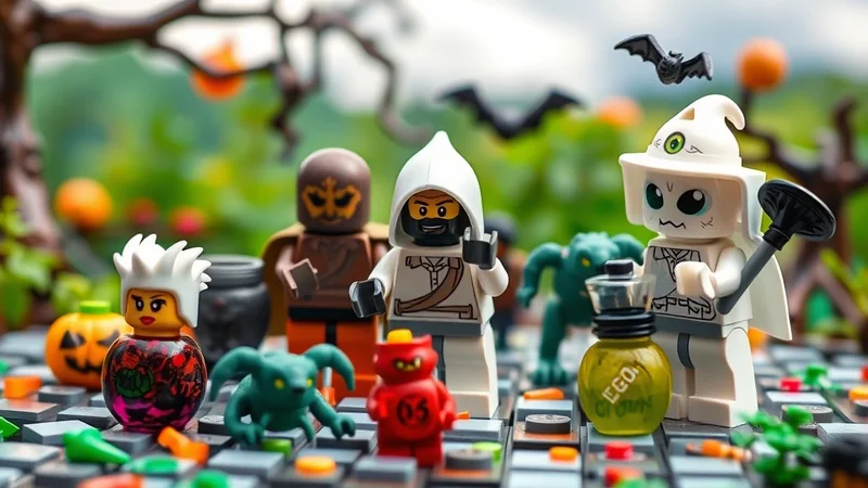 A Halloween-themed Lego scene featuring several minifigures dressed as monsters and characters, including a ghost, a mummy, and goblins, set against a blurred background of trees and pumpkins.